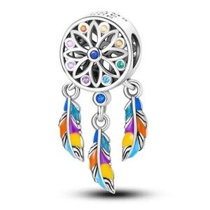 Dreamcatcher S925 Silver Dangle Charm, fits Pandora Charm Bracelet, Colorful